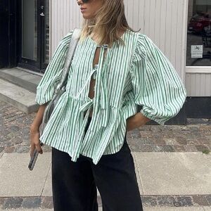 Puff Short Sleeve Peplum Tie Front Blouse